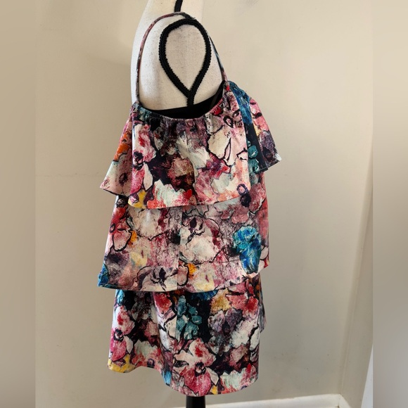 Black Halo Ruffled Tiered Mini Dress Multicolor Abstract Floral Print SZ XS - Picture 2 of 11